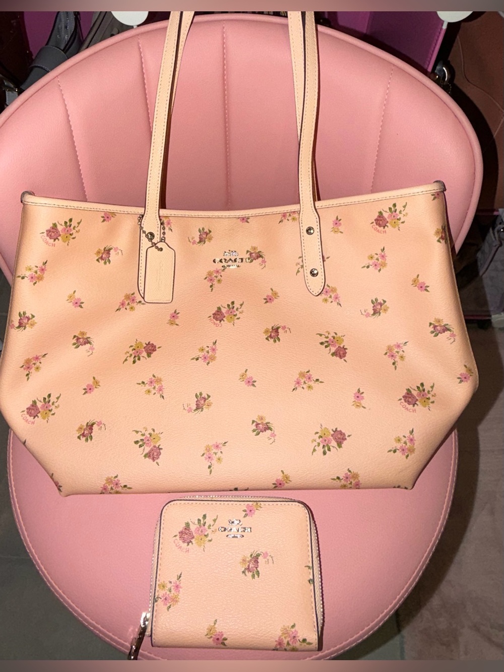 Coach Peach Floral Tote and Wallet - Pink Floral Print